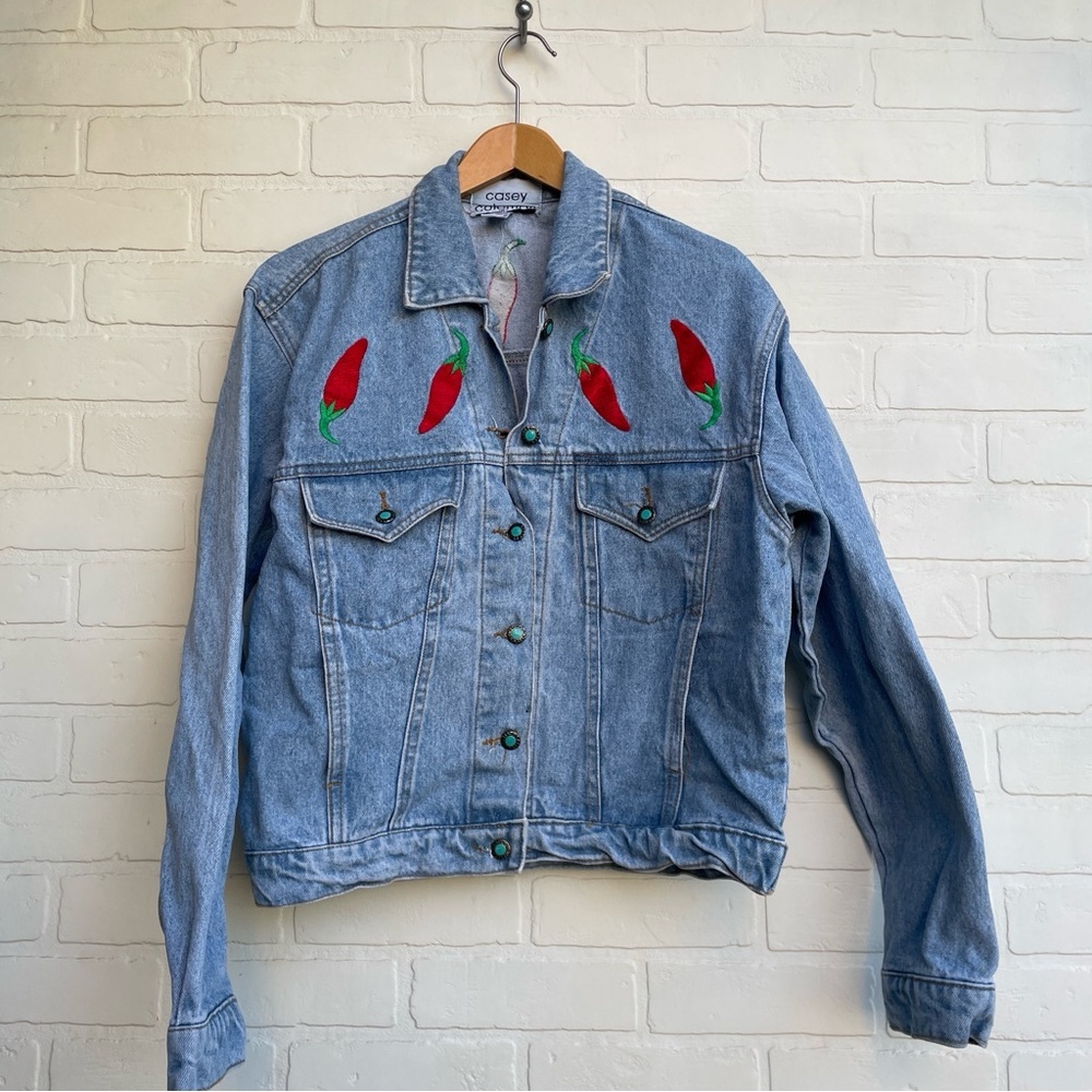 Vintage Embroidered Chili Pepper Light Wash Denim Jacket artisan Upcycle